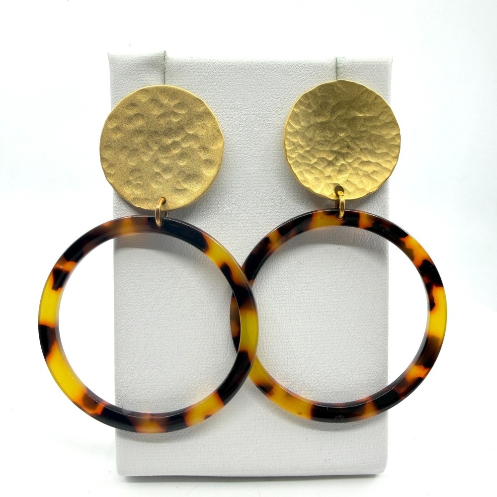 Hammered Gold Tone Tortoiseshell Hoop Earrings - Statement Dangle Jewelry